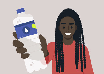A young smiling character holds up a bottle of water, they encourage everyone to drink more water to stay hydrated and maintain optimal health during a sunny day
