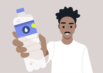 A young smiling character holds up a bottle of water, they encourage everyone to drink more water to stay hydrated and maintain optimal health during a sunny day