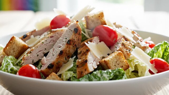 Chicken Caesar Salad With Tomatoes and Cheese Close Up