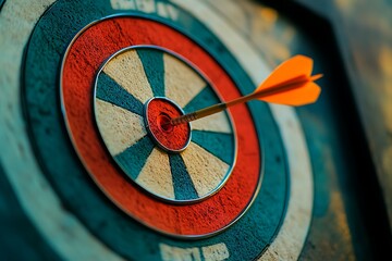 Bullseye hit with orange dart on professional dartboard