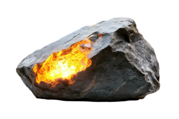 Glowing meteorite fragment with fiery core isolated on transparent background. Rock with a glowing rock in the white background.