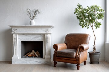 Elegant interior scene features a classic marble fireplace beside a comfortable leather armchair and a potted plant.