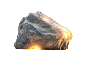 Glowing meteorite fragment with fiery core isolated on transparent background. Rock with a glowing rock in the white background.