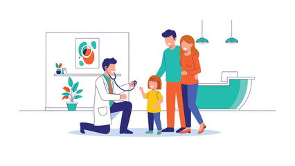 Healthcare Harmony: A caring doctor conducts a checkup for a child with her parents, creating a warm, safe, and nurturing environment of health and wellness.