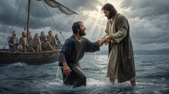 Jesus Christ Walking on Water Reaching Out to Peter Sinking in the Waves