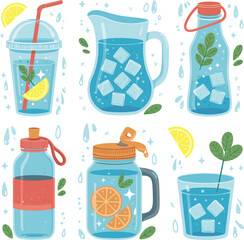 Refreshing Drinks and Summer Beverages Collection with Ice and Fruit cool