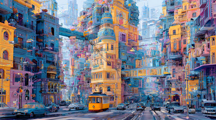 una ciudad con casas y edificios de colores dise&ntilde;o surrealista y futurista de un paisaje urbano artistico