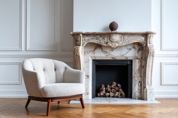 Elegant interior space features a luxurious carved marble fireplace and a contemporary upholstered armchair.