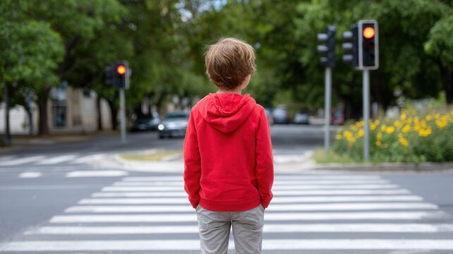Young child standing at crosswalk waiting for green light, showing urban caution pedestrian and childhood safety