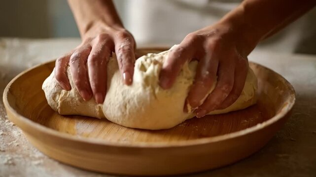 Medium shot of a spongy selfrising pizza base being stretched by hands emphasizing its soft and airy consistency perfect for a light chewy pizza crust.