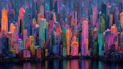 una ciudad o metropoli surrealista colorida y futurista paisaje urbano lleno de tecnologia y arte innovador imaginacion surreal abstracto y vibrante