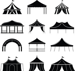 Silhouette Collection Of Various Tents And Canopies On White Background canopy shelter