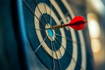 Red dart hitting bullseye on dartboard with precision and accuracy