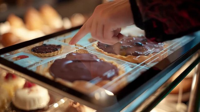 Medium shot of a modern touchscreen display case showcasing vibrant pastries with interactive menu options in a sleek glossy environment.