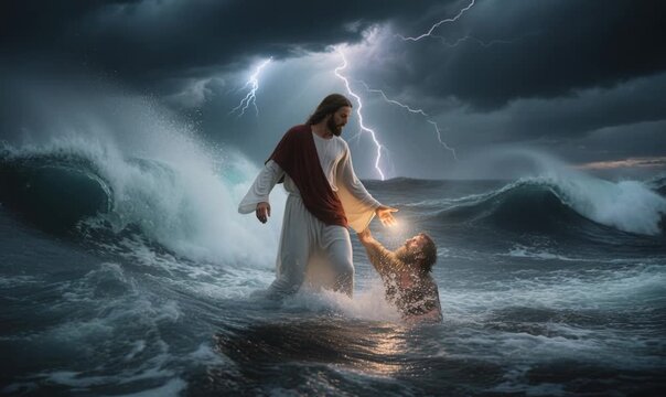 Jesus Christ Walking on Water Reaching Out to Peter Sinking in the Waves