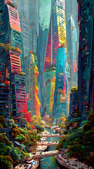 dise&ntilde;o de una ciudad del futuro surrealista colorida con edificios innovadores de fantasia paisaje urbano del futuro con tecnologia digitalizada dise&ntilde;o magico