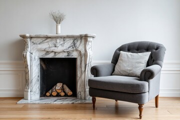 Elegant upholstered armchair sits beside a classic carved marble mantelpiece in a bright room