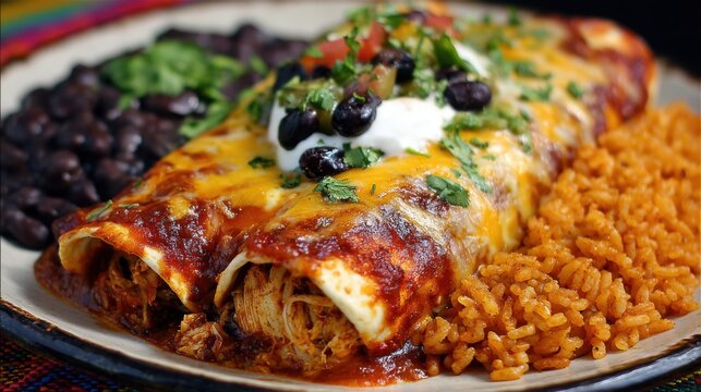 Delicious Chicken Enchiladas with Mexican Rice and Beans