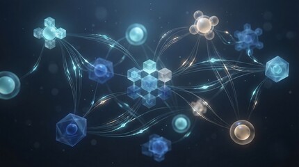 Futuristic Abstract Digital Network Connection with Glowing Hexagonal Nodes for Cloud Data Management, Blockchain Networking, Biotechnology Research, AI Infrastructure, and Global Connectivity Map.