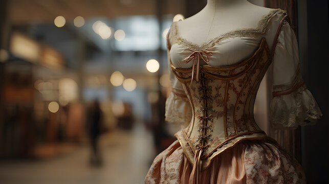un maniqui portando un atuendo o vestimenta elegante de epoca historica vintage de lujo elegancia y adornos bordados inspirada en estilos artisticos