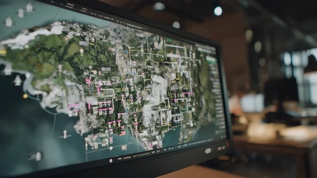 Medium shot showcasing complex algorithms running on a computer screen sorting diverse hazardous waste streams automatically
