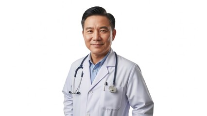 Fototapeta premium Confident Asian doctor smiling in white lab coat with stethoscope