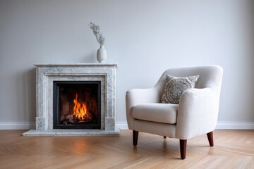 Plush armchair sits beside a marble fireplace with a warm wood fire burning inside