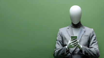 un maniqui de hombre con vestimenta formal usando un telefono movil celular uso de la tecnologia sobre un fondo verde con espacio de copia para publicidad  