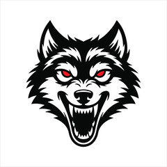 Fototapeta premium Black and white wolf head illustration with fierce expression vector illustration. Bold black and white wolf head graphic vector of fierce 
