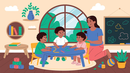 colorful illustration of teacher guiding children in classroom with creative learning activities, education, teamwork and school concept