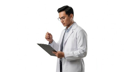 Focused scientist analyzing data on clipboard in lab coat