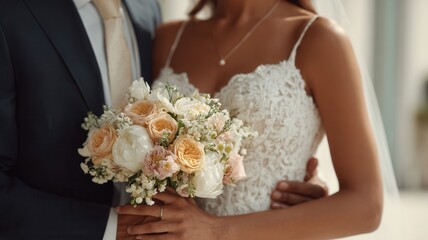 Bride and groom holding wedding bouquet, hands showing rings, celebrating a beginning new and marriage