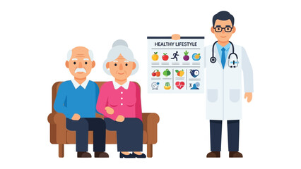 Healthy Lifestyle Guide: A doctor presents an elderly couple with a Healthy Lifestyle chart, emphasizing the importance of well-being in their golden years, promoting a path towards vitality.