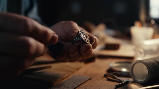 Master Craftsman Engaged in Intricate Jewelry Restoration and Detailing Work on a Beautifully Designed Ring in a Artisan Workshop Setting