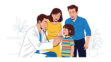 Health check for a child: A kind doctor checks a young girl's chest using a stethoscope with both parents present in a supportive role. Illustrates a reassuring experience