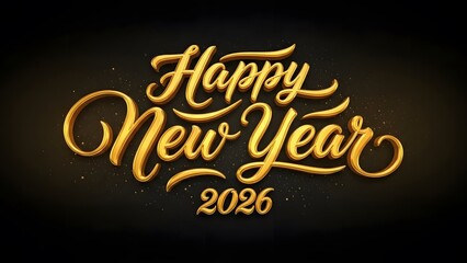 Golden 3D Script Happy New Year 2026 Typography on Elegant Black Background with Glitter