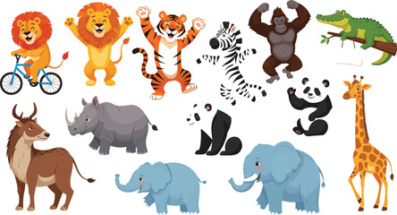 Fototapeta premium Comprehensive vector set featuring thirteen playful animal characters in active poses including a lion on a bicycle, jumping tiger, and dancing zebra for kids.