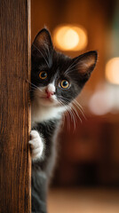 Adorable tuxedo kitten with golden eyes peeking around wooden doorframe, paw resting on corner, pink tongue visible, warm indoor lighting with soft bokeh, playful and curious expression