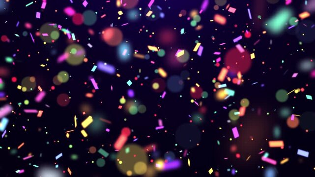 Falling colorful confetti particles and beautiful glowing bokeh. Colorful abstract background for holidays and birthdays 3D, 4K, seamless loop.