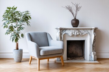 Elegant light gray armchair sits beside a classical marble fireplace and potted foliage in a bright room