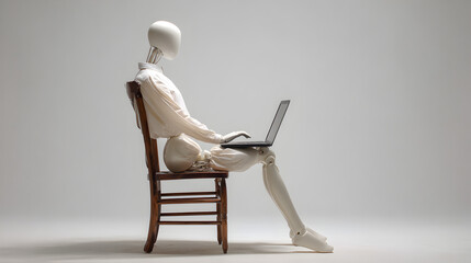 un maniqui sentado usando y escribiendo en una computadora sobre un fondo liso con espacio de copia trabajando usando la tecnologia dispositivos electronicos 