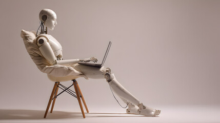 maniqui o robot usando la computadora para trabajar sentado en una silla sobre un fondo liso con espacio de copia tecnologia y vanguardia en el futuro 