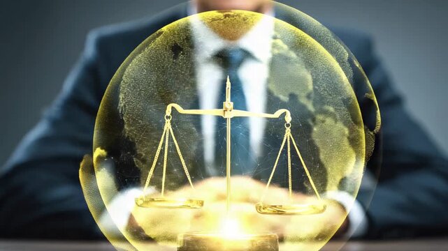 Businessman with glowing justice scale hologram symbolizing law, balance, and global legal protection