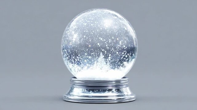 Classic empty snow globe with silver base isolated on gray background ready for winter or holiday design
