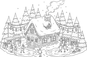 Obraz premium Winter village scene with ice skating and market stalls in a snowy landscape