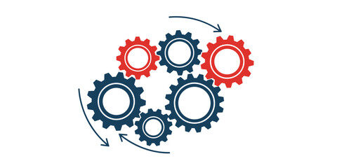 Linked Gear Wheels Mechanism Minimal Vector, Two Solid Colors, Mechanical Illustration