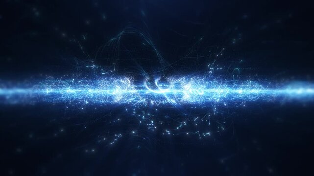 Glowing blue energy wave made of particles and light trails, abstract futuristic background symbolizing data flow, electricity and digital power.
