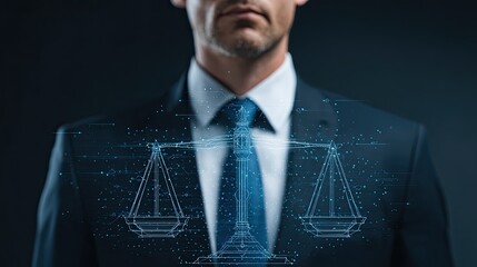 Businessman in suit with digital hologram of justice scale symbolizing law, ethics, and modern technology