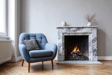 Comfortable upholstered armchair sits beside a lit marble fireplace in a softly lit room