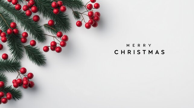 A minimalistic white Christmas card background with the text Merry Christmas, white tree branches, and red berries on the left side. - Powered by Adobe